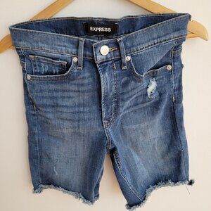 Express High Waisted Denim Raw Cut Bermuda Jean Shorts- Dark Wash
